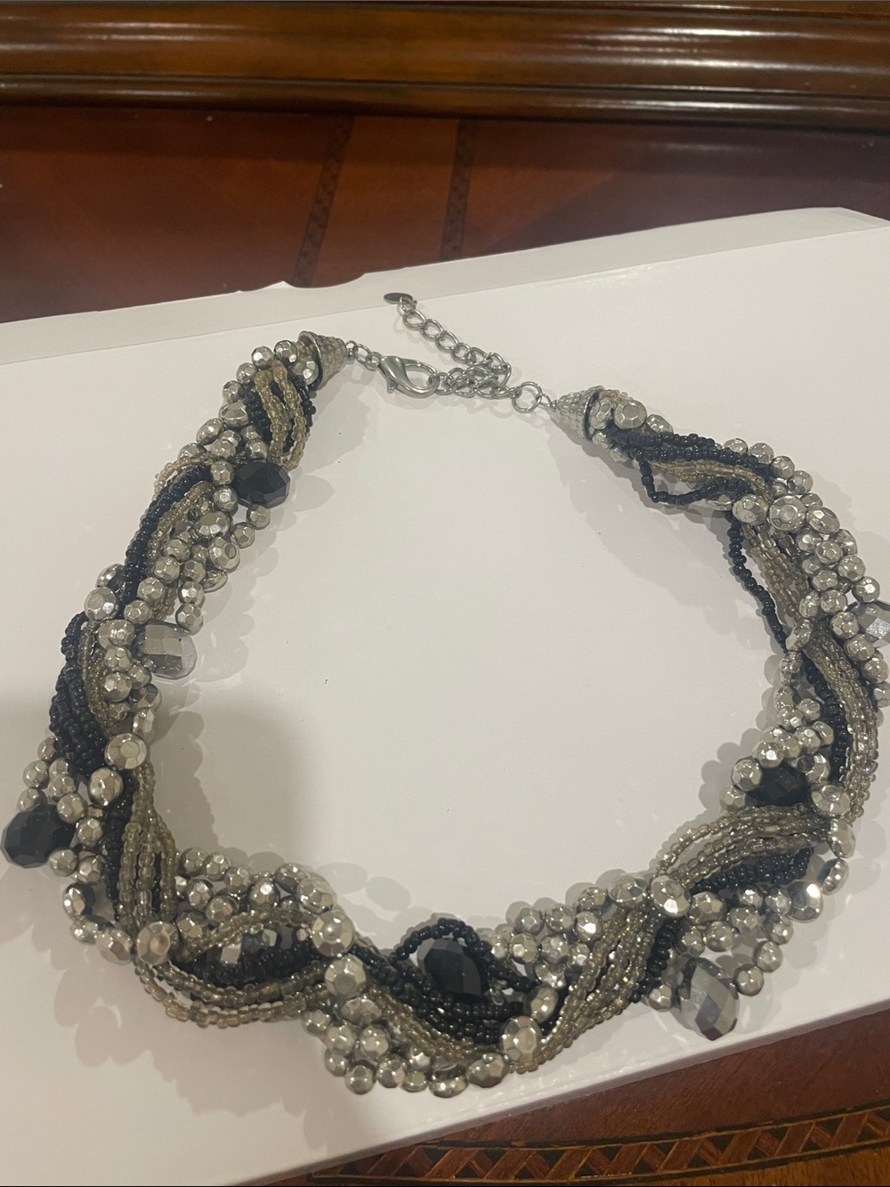 Twisted Beaded Statement Necklace - Black & Silver